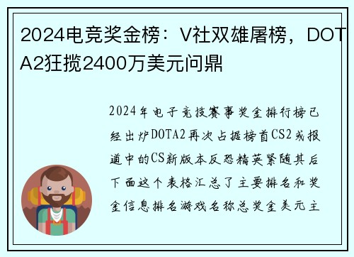 2024电竞奖金榜：V社双雄屠榜，DOTA2狂揽2400万美元问鼎 